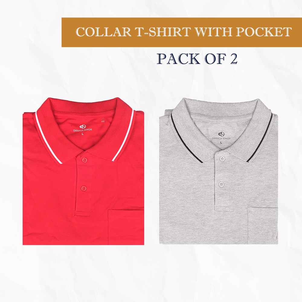 Men Cotton Collar T-shirt with Pocket - Pack of 2