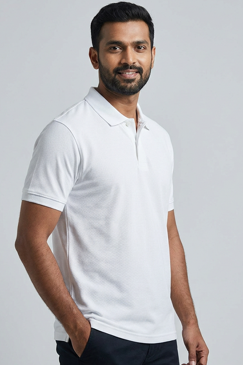 Cotton Rich Solid Half Sleeve Polo T-Shirt White