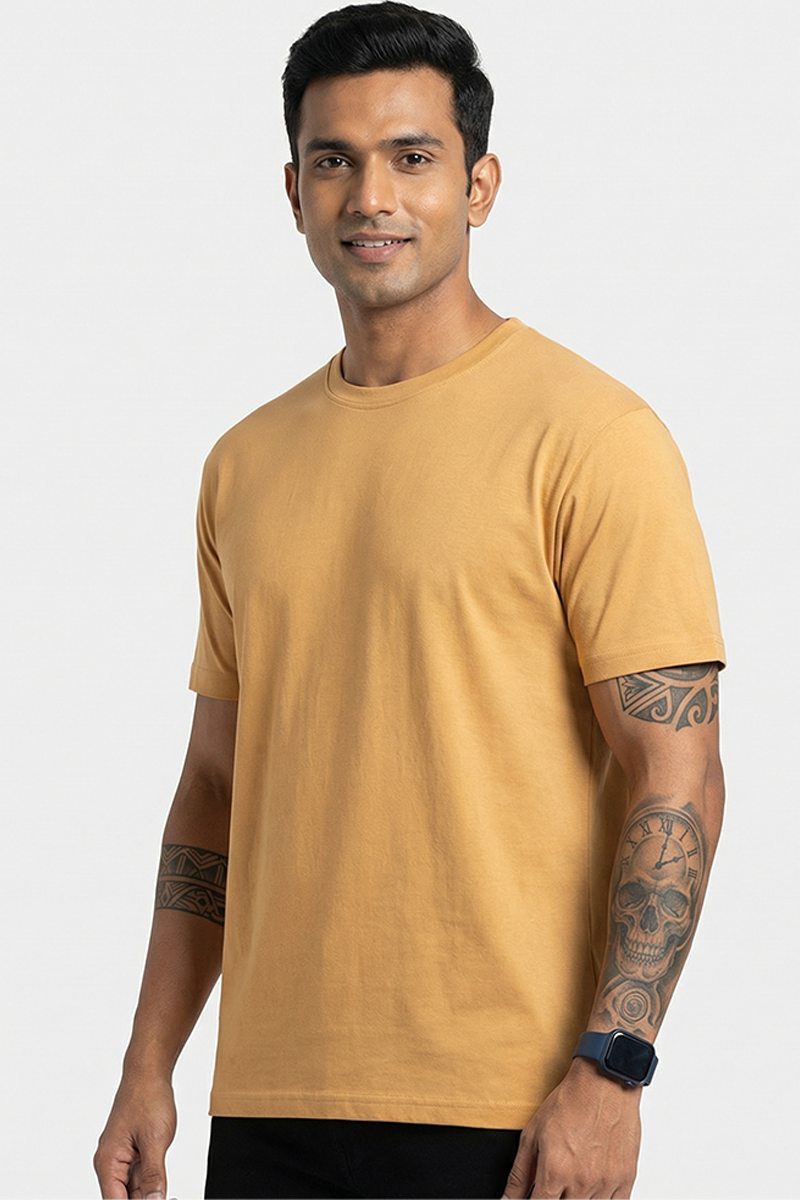 Men Cotton Biscuit Color Round Neck T-shirt