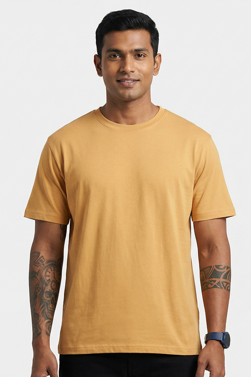 Men Cotton Biscuit Color Round Neck T-shirt