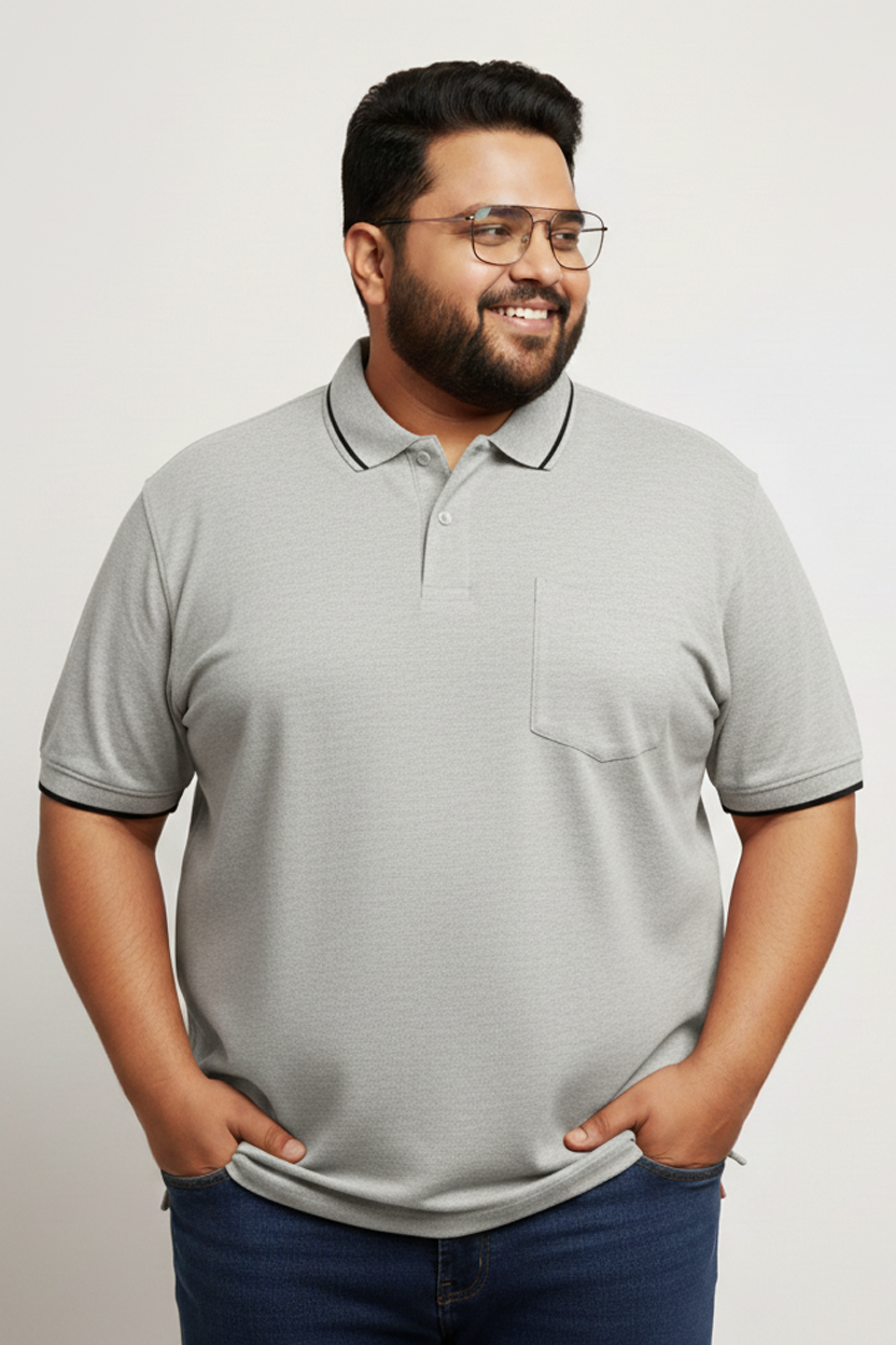 Plus Size Mens Collar T shirt with Pocket Melange Grey