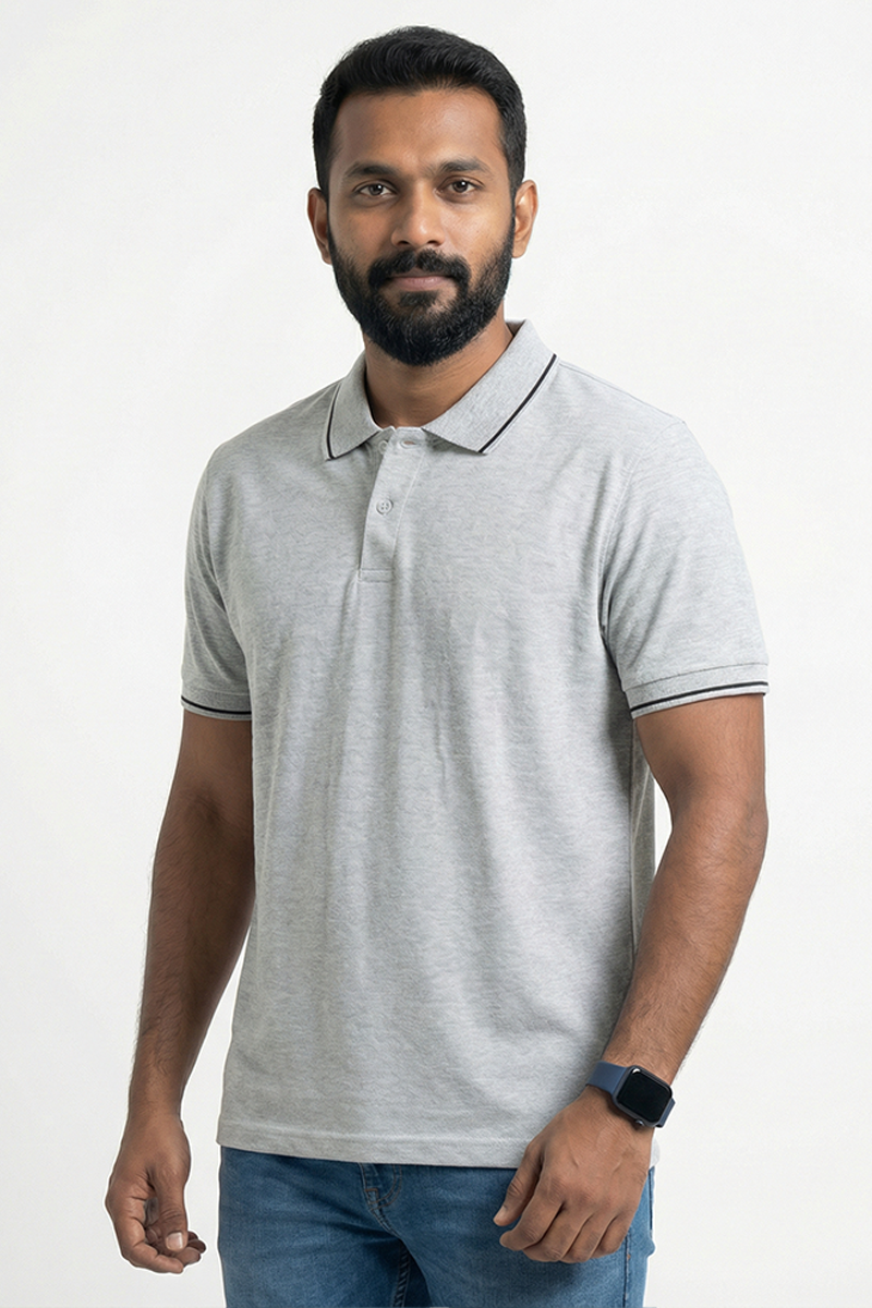 Men Cotton Melange Grey Collar Neck T-shirt