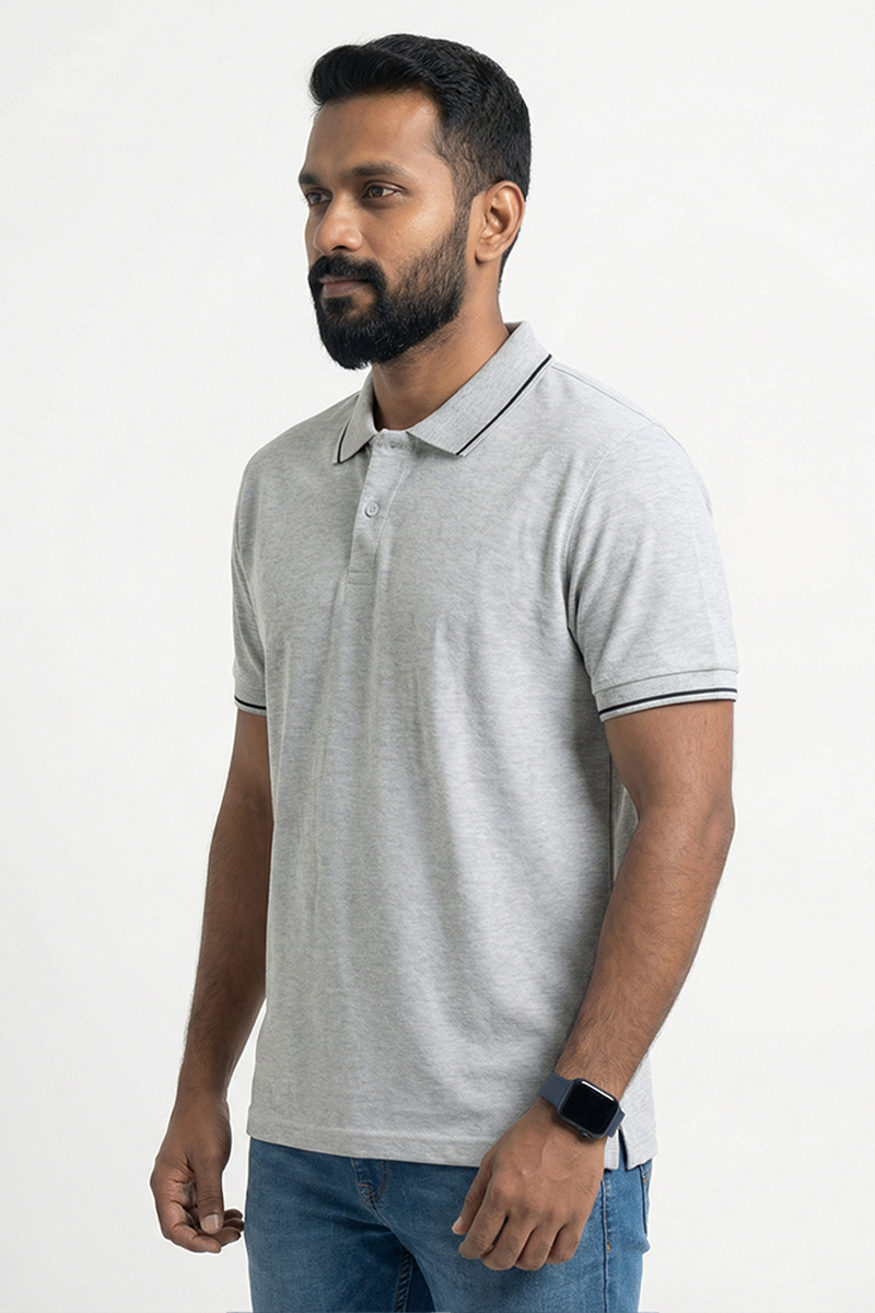 Men Cotton Melange Grey Collar Neck T-shirt