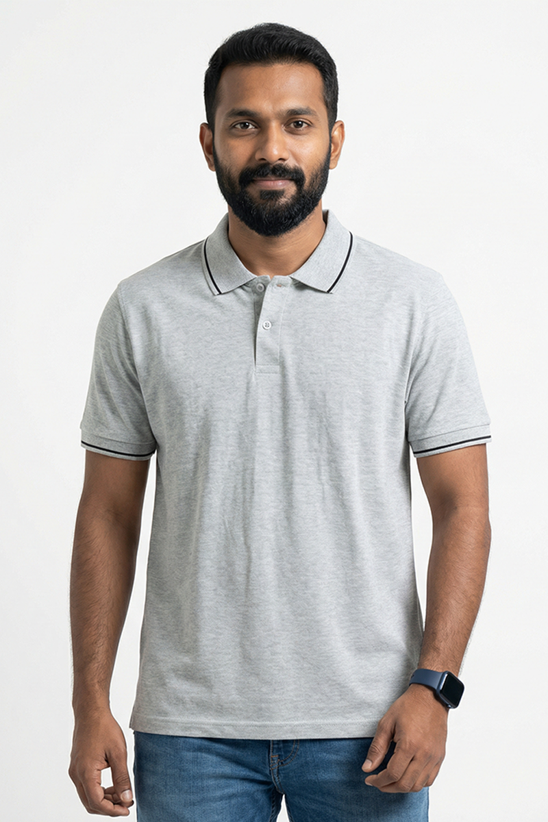 Men Cotton Melange Grey Collar Neck T-shirt