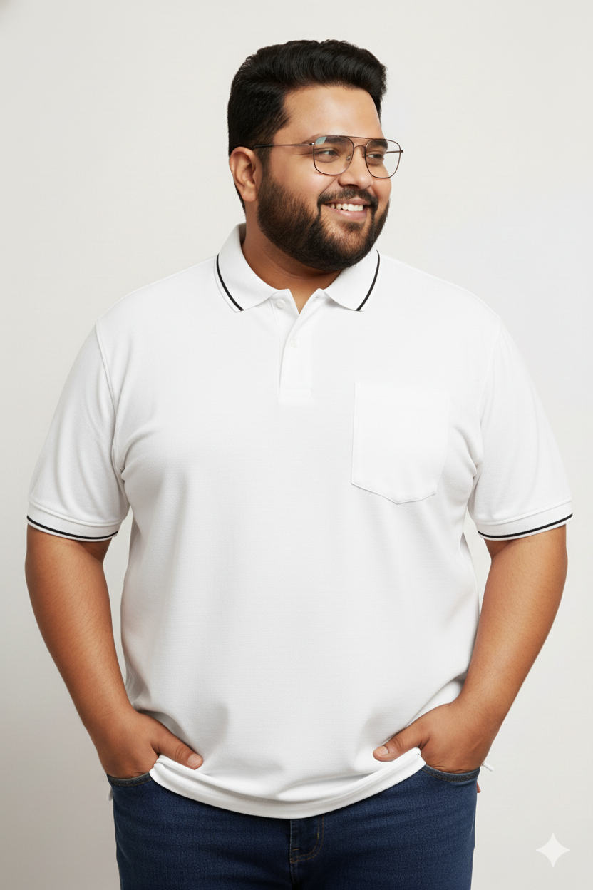 Plus Size Mens Collar T shirt with Pocket White