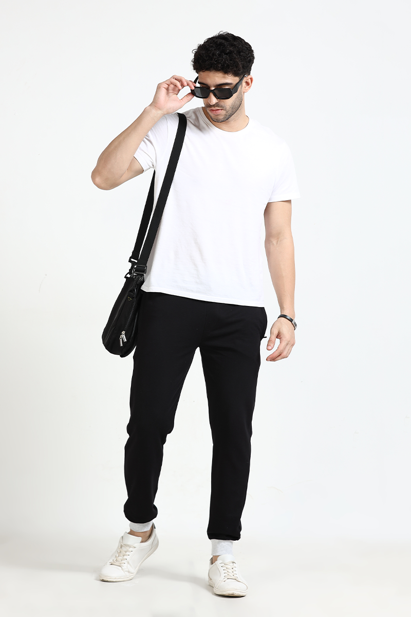 White T-shirt and Black Track Combo