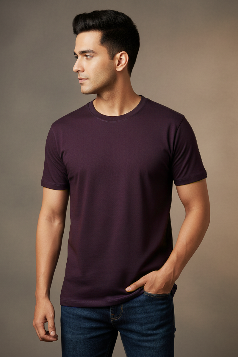 Wine Cotton Round Neck T-shirt