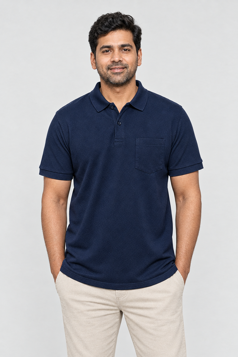 Cotton Rich Polo T-Shirt Navy Blue with Pocket